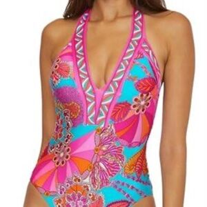 Trina Turk Pink Turquoise Floral Halter One-Piece Swimsuit